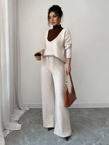 Elenzga U-Neck Slouchy Casual Knit Sweater Top + Straight Leg Knit Pants Set, Autumn/Winter - Camel - View 4