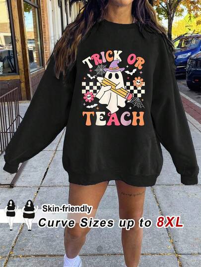 SHEIN CURVE+ Women's Plus Size Casual Punk Halloween Cute Ghost Pattern Loose Fit Round Neck Sweatshirt, Autumn/Winter Sweatshirt Trick Or Teach Sweatshirt/Autumn /Winter