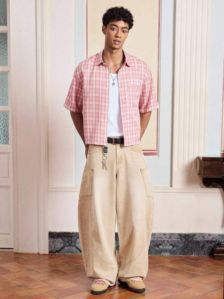 SWAVVY Men's Woven Plaid Casual Short Sleeve Shirt - Pink - View 1