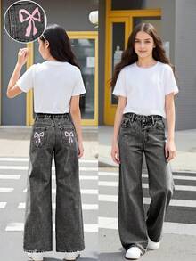 Sparklyn 青少年女孩休闲时尚浅蓝色牛仔色蝴蝶印花宽松阔腿舒适日常百搭校园休闲洗水牛仔裤 - 深灰色 - 查看 3