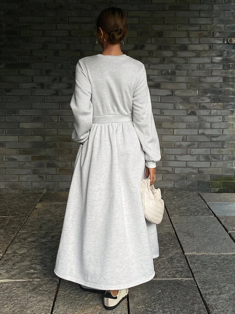 Women's Casual Solid Color Round Neck Mid-Length Dress, Autumn
