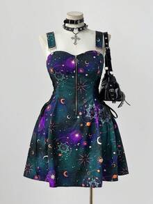 Sunspun 全新时尚百搭假日梦幻星空印花拼布荷叶边系带腰部装饰前拉链中长款吊带裙女式 - 霧霾藍 - 查看 4