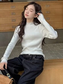 DAZY Teen Girl Slim Fit Turtleneck Basic Knit Long Sleeve Sweater, Autumn Student - White - View 5