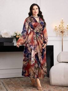 Modelyn 大码女式花卉印花褶饰设计3D花朵装饰长袖优雅连衣裙 - 棕色 - 查看 4