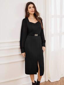 Miaspire 女士黑色雪纺袖中长连衣裙，鸡心领，优雅金属扣腰带，适合秋季外出聚会 - 黑色 - 查看 7