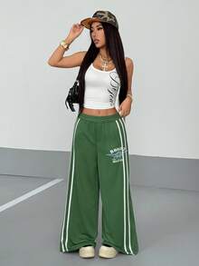 Flirla In thư Khối màu Sọc Giải trí quần ống rộng Quần Chạy bộ - Màu xanh lá cây đậm - Xem 4