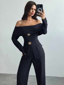 Firerie 女士优雅露肩长袖上衣和裤子两件套，适合秋冬通勤 - 藏蓝色 - 查看 3