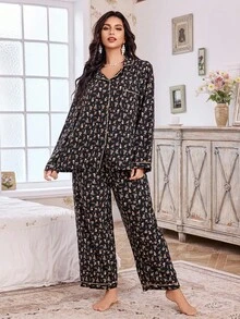 CottageSlumber Floral Print Open Front Collar Long Sleeve Top & Pants Plus Size Women Pajama Set, Fall Winter Clothes - Multicolor - View 3