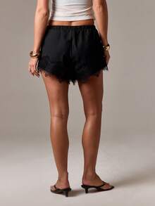 AiiRZ 细条纹抽绳腰短裤，带睫毛蕾丝细节装饰，夏季节日休闲裤 - 黑色 - 查看 2