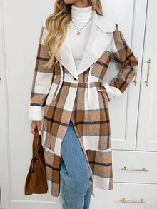 SHEIN LUNE Women's Casual Plaid Thermal Lined Pocket Lapel Coat Fall Winter Women's Winter Coat Casual Work Fall Winter - Multicolor - View 10