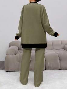 EURMUSE Women's Contrast Color Button Front Drop Shoulder Long Sleeve Pocket Loose Cardigan And Pants Knit Two Pieces Set - Army Green - View 2