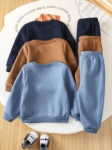 SHEIN 6 件套男童/女童百搭休闲宽松运动衫和运动裤套装，蓝色、卡其色、海军蓝，适合日常穿着和户外，秋冬季