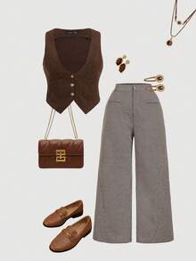 SHEIN MOD Quần nhung kẻ sọc đơn giản cổ điển màu trơn cỡ lớn dành cho nữ, Quần kaki nữ, Quần ống rộng nữ - Nhiều màu - Xem 1