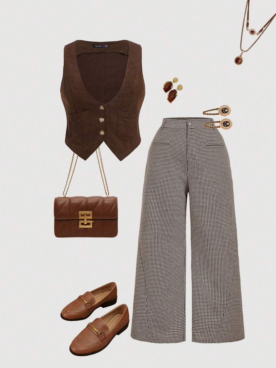 SHEIN MOD Quần nhung kẻ sọc đơn giản cổ điển màu trơn cỡ lớn dành cho nữ, Quần kaki nữ, Quần ống rộng nữ - Nhiều màu - Xem 1