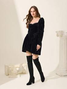 CUCCOO CHICEST 女士优雅性感百搭绒面革弹性及膝靴，蝴蝶结装饰，方头粗跟，适合约会、派对、工作、感恩节、圣诞节、万圣节 - 黑色 - 查看 11