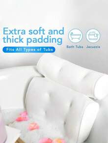 SHEIN 3D Bath Pillow With 6 Suction Cups, Waterproof Non-Slip Spa Bathtub Headrest Pad, Machine Washable Thickened Bath Cushion For Relaxation - White - View 8