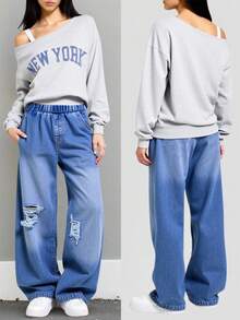 2pcs/Set Teenager Girls Sweatsuit, Sleeveless Top With Letter Graphic, Distressed Denim Pants, Suitable For School, Commute, Outing, Can Be Paired With Jacket Fall Winter