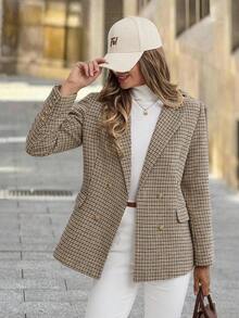 Solivie 女士秋冬格纹复古西装外套 - 卡其色 - 查看 7