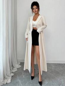 Elenzga 秋冬时尚新款纯色 V 领腰部褶饰 A 字长款风衣，适合派对、节日活动、圣诞节、万圣节、度假、约会、通勤 - 杏色 - 查看 3