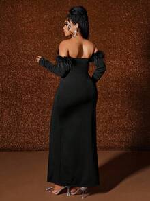 Maweii Vestido de hombros descubiertos para mujer de talla grande, con adorno de peluche sintético y rhinestones, abertura sexy, elegante para fiesta, cumpleaños, uso diario, color negro - Negro - Ver 2