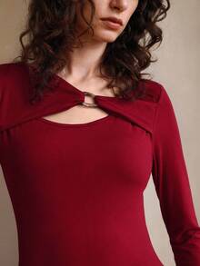 Revavyn Revavyn Women's Elegant Burgundy Autumn Knitted Top,Slim One-Shoulder Ring Buckle Decoration Brushed Bottoming Shirt,Daily Commuting Night Out Tops - Red - View 2