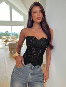 Aloruh 女士新款纯黑色露脐上衣，抹胸式胸衣，派对装，复古时尚Y2K蕾丝束身衣，无肩带束身衣，适合万圣节、秋冬派对，哥特风无肩带蕾丝上衣 - 黑色 - 查看 4