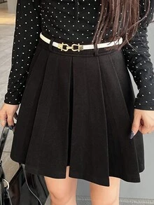 FRIFUL 女士黑色纯色褶裥短裙，百搭褶裥设计，休闲秋季款 - 黑色 - 查看 6