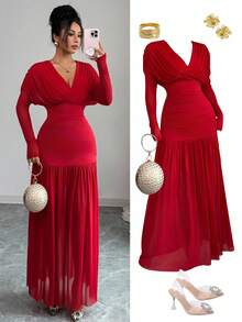 Elenzga Fashionable Urban New Women's Solid Red V-Neck Long Sleeve Sexy Hollow-Out Mesh Patchwork Pleated A-Line Maxi Dress, Suitable For Commuting, Graduation Party, Holiday Events, Dates, Daily Wear, Autumn/Winter - Red - View 1