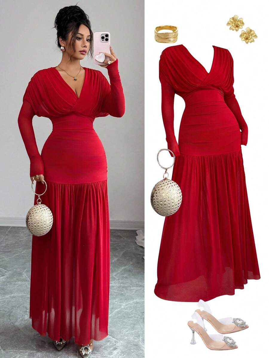 Elenzga Fashionable Urban New Women's Solid Red V-Neck Long Sleeve Sexy Hollow-Out Mesh Patchwork Pleated A-Line Maxi Dress, Suitable For Commuting, Graduation Party, Holiday Events, Dates, Daily Wear, Autumn/Winter - Red - View 1