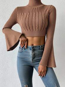 EURMUSE Mock Neck Cable Knit Flare Sleeve Crop Sweater - Grey - View 6