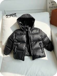 SHEIN Young Boy Black Loose Fit Casual Thick Quilted Hooded Jacket, Suitable For Autumn/Winter Fall - Black - View 11