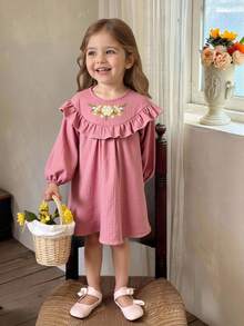 LMoss Kids LMoss Rochie casual pentru bebeluși cu țesătură, brodată, decolteu rotund, volane, mâneci bufante, rochie roz închis, rochie roz pentru bebeluși cu flori, rochie roz cu volane pentru fetițe, rochie vintage, Ținute de sărbătoare, Sărbătoare, Rochie roz, Rochii de toamnă, Haine de toamnă pentru fetițe, Iarnă - Roz - Vizualizare 7
