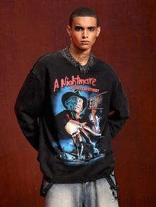 ROMWE MEN A Nightmare on Elm Street X ROMWE 男式字母和图形圆领长袖 T 恤，秋季 - 黑色 - 查看 4