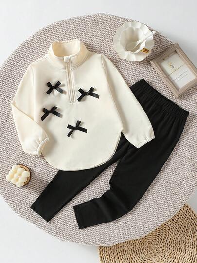 Genkimix Kids 2 件套 | 女童时尚甜美秋冬装 | 立领卫衣搭配可爱蝴蝶结 + 简约黑色弹力裤 | 适合日常穿着、户外玩耍 | 适合秋季、冬季和春季