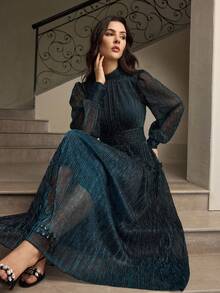 ZEYLAH 女式立领长袖亮面褶腰A字连衣裙，优雅秋冬装 - 藍色 - 查看 1