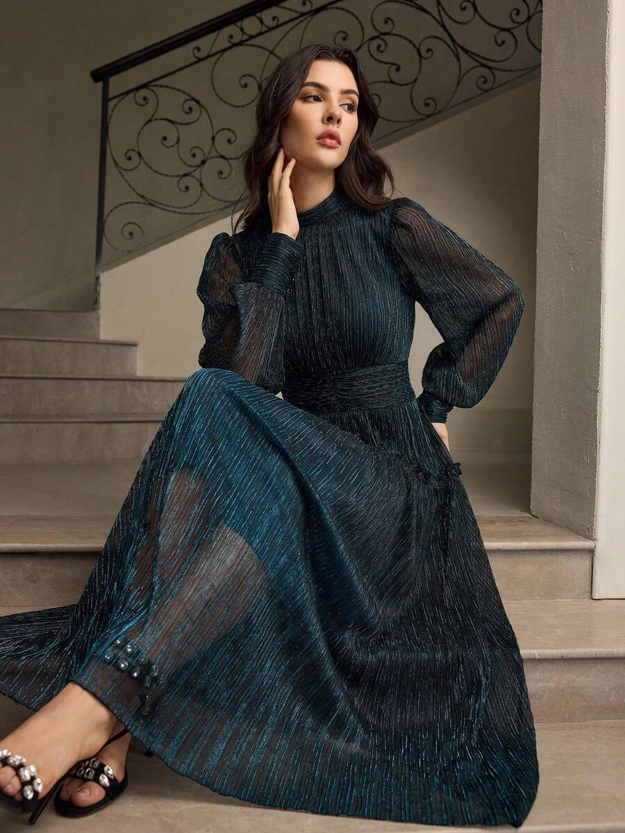 ZEYLAH 女式立领长袖亮面褶腰A字连衣裙，优雅秋冬装 - 藍色 - 查看 1