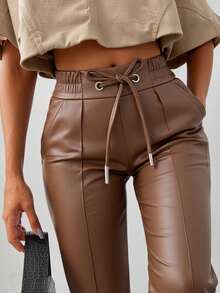 EURMUSE Pantalones de PU con cinturón - Marrón - Ver 5