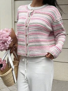 SHEIN Unity Fashionable Loose Colorful Striped Women's Drop Shoulder Long Sleeve Cardigan - Multicolor - View 6