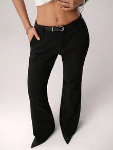 SHEIN ICON Women's Sexy Hot Girl Millennial Style Y2K Urban Modern Simple Commuting Office Siren Style Low Waist Belt Black Slim Flared Trousers - Black - View 1