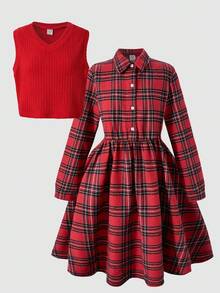 女童格子吊带背心衬衫裙两件套 - 紅色 - 查看 8