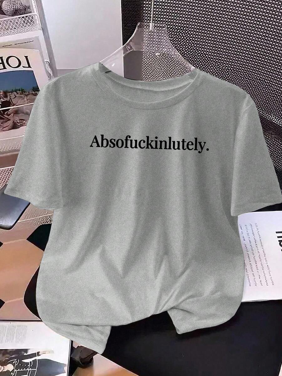 INAWLY Plus Letter Graphic Drop Shoulder Tee Graphic Tees Women Tops - Grey - View 1