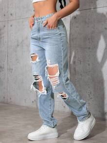 SHEIN ICON Quần jeans denim rách dáng cowgirl mùa hè cỡ lớn dành cho nữ mùa đông - Rửa nhẹ - Xem 3