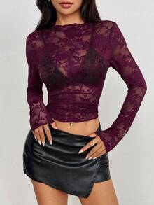 SHEIN Tall 女款蕾絲透視性感短版上衣，適合高個女性 - 紫色 - 查看 5