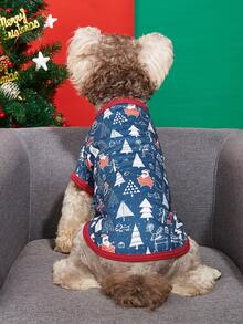 PETSIN Christmas Festival Pet Tee Santa & Snow Print On Navy Blue With Red Trim Holiday Style Dog Clothes - Multicolor - View 5