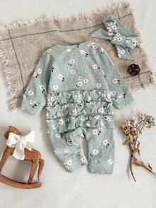 SHEIN Bộ đồ liền thân dài tay vải gân họa tiết hoa cổ tròn có khóa kéo phía trước dành cho bé gái, mùa thu/đông - màu xanh lá - Xem 2