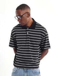 SUMWON 短款休闲经典短袖条纹 Polo 衫常规版型商务休闲办公室装度假度假领夏季春季上衣 - 黑與白 - 查看 7