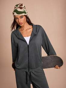 SHEIN Sports Conjunto deportivo de mujer con sudadera holgada de manga raglan y pantalón de chándal de unicolor - Gris Oscuro - Ver 2