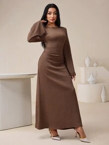 Veilorie Elegantes tailliertes Binde-Vorne Weite Ärmel Strick Dehnbar Midi Kleid, vielseitig für den täglichen Gebrauch - Braun - Übersicht 4