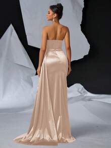 Glamrae Elegant Luxurious V-Neck Ruched Decor Side Draped High Slit Fishtail Maxi Dress, Evening Gown - Apricot - View 2