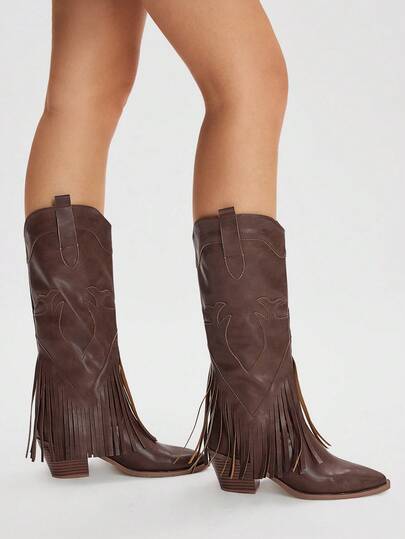 Styleloop Botas femininas estilo western com franjas em tons terrosos e botas acima do joelho, estilo neutro para férias, Halloween, Natal, traje de outono, traje de cowgirl, botas marrons, botas western, core
